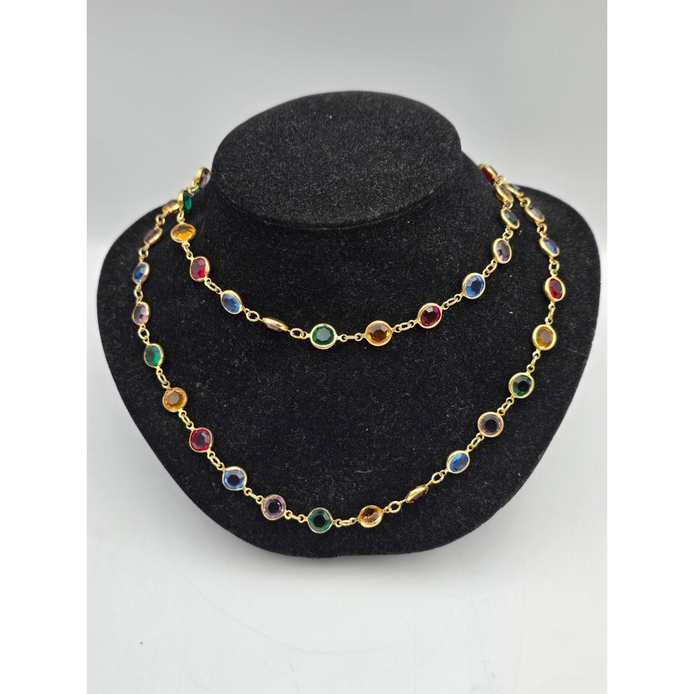 Austrian Crystal Station Necklace Womens OS Multi Color Excellent Gold Tone Long